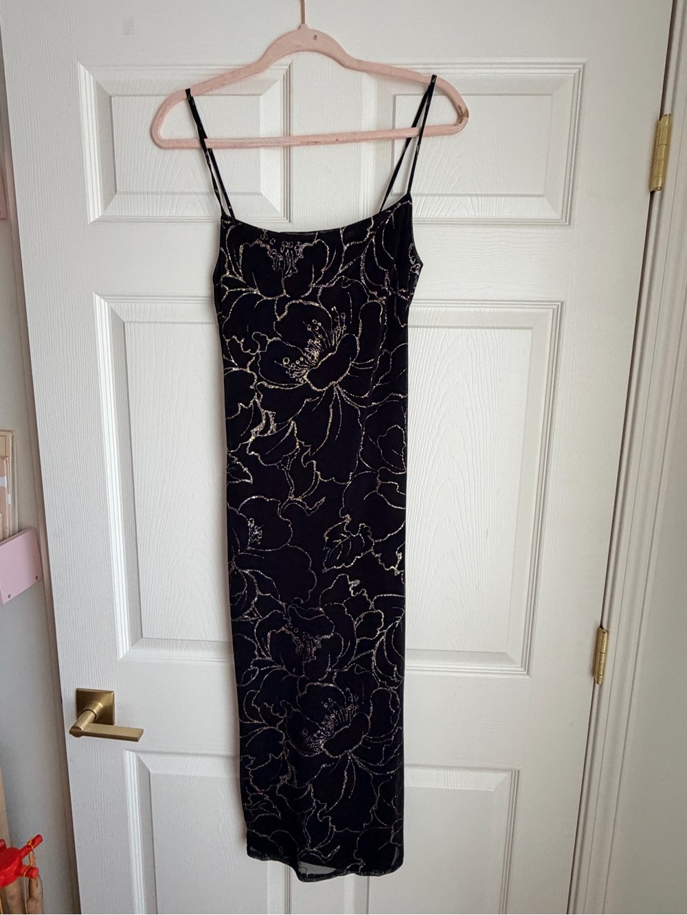 Fashion Nova Black Slip Dress with Gold Floral Accents